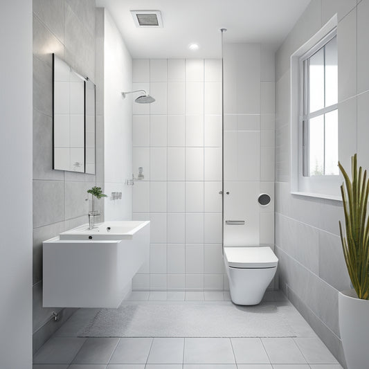 A serene, minimalist bathroom with a wall-mounted sink, a compact toilet, and a space-saving shower cabin, all in a calming white and gray color scheme, surrounded by sleek, modern tiles.