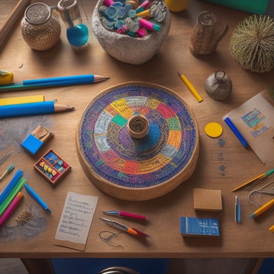 A vibrant, colorful illustration of a mind map with interconnected circles, arrows, and branches, surrounded by scattered pens, pencils, and open notebooks on a wooden desk.