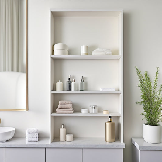 A serene, minimalist bathroom featuring a sleek, wall-mounted shelf unit with three glass shelves, holding a few, carefully-placed toiletries, surrounded by a calm, neutral-colored background.