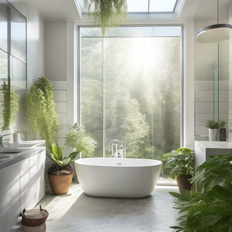 A bright, modern bathroom with a freestanding tub, rainfall showerhead, and marble countertops, surrounded by lush greenery and natural light pouring in through a large skylight.