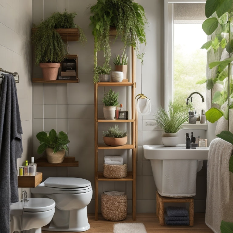 A cozy tiny bathroom featuring sleek, wall-mounted shelving with vibrant plants and neatly arranged toiletries. Soft, ambient lighting enhances the space, showcasing clever design elements like hooks and minimalist storage solutions.