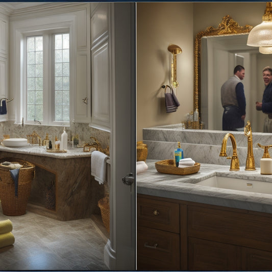 A split-screen image: a luxurious bathroom with a marble countertop, sink, and faucet on one side, and a messy construction site with marble slabs, tools, and workers on the other.