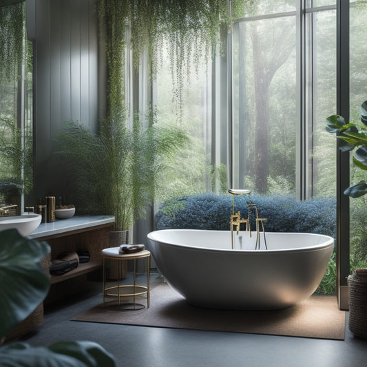 A serene bathroom with a freestanding tub surrounded by lush greenery, a floor-to-ceiling glass wall, and a statement light fixture consisting of delicate, curved metal branches.