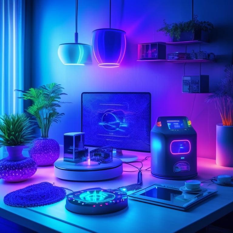 A futuristic illustration of a smart home setup, featuring the Costway HW56629 device as the centerpiece, surrounded by interconnected devices, wires, and gears, with subtle neon lights and gradient effects.