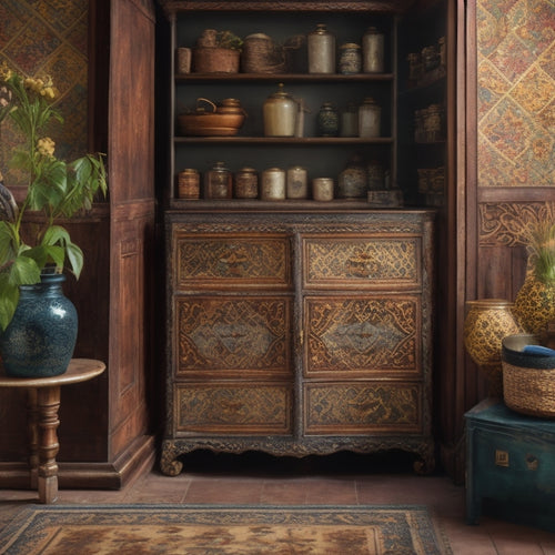 A distressed wooden cabinet with ornate metal hardware, adorned with vintage floral wallpaper, sits atop a worn, hexagonal-tiled floor, surrounded by antique apothecary jars and woven baskets.