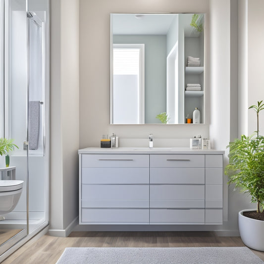 A sleek, modern bathroom with a wall-mounted sink and cabinet unit in a crisp white finish, surrounded by gray walls and floors, with a large mirror above and a minimalist faucet.