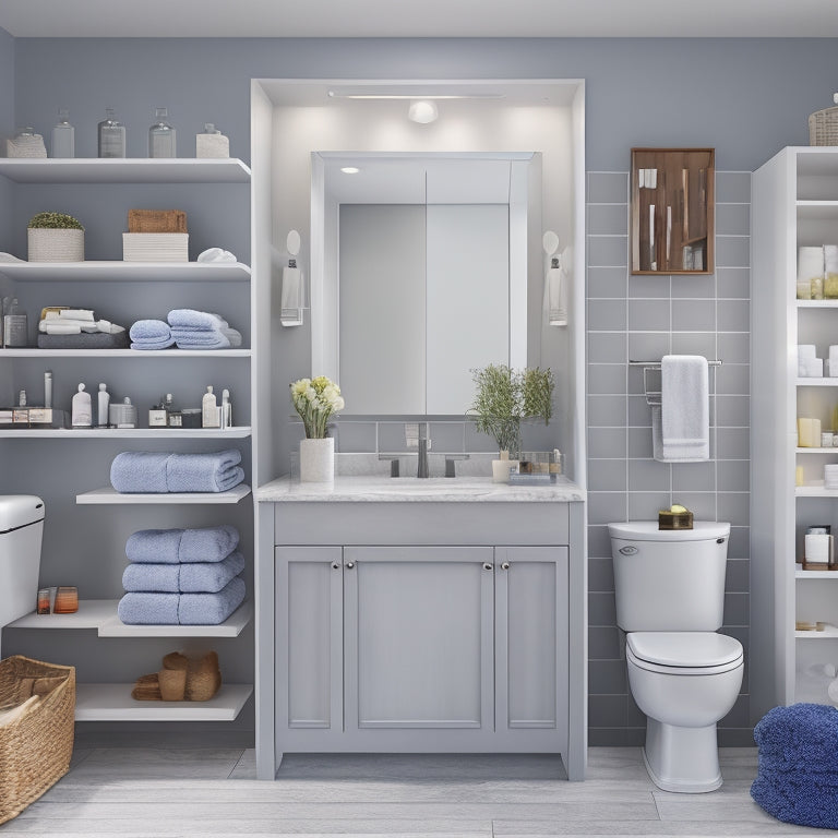 A modern bathroom with sleek, wall-mounted shelves and cabinets, a digital tablet on the countertop displaying a 3D bathroom design, surrounded by various storage bins and baskets.