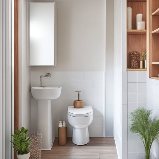 A modern bathroom with a sleek, white toilet nestled in a corner, accompanied by a minimalist, wall-mounted corner shelf in a warm, wooden tone, holding a few carefully arranged toiletries.