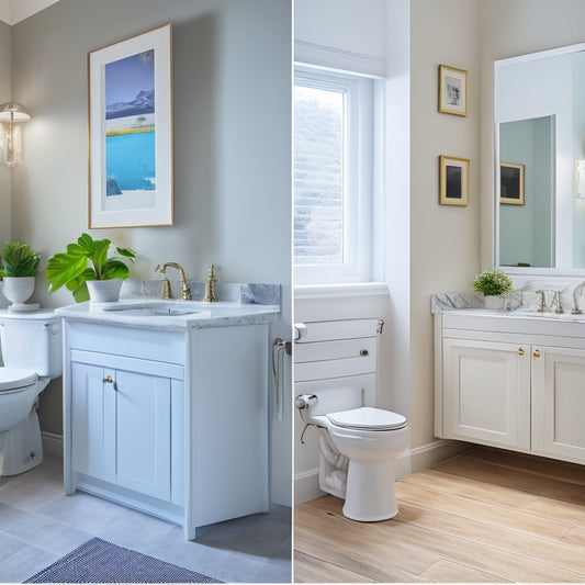 A split-screen image featuring a modern bathroom with a pedestal sink against a clean white wall on one side, and a traditional vanity with cabinets on the other, both with sleek fixtures.