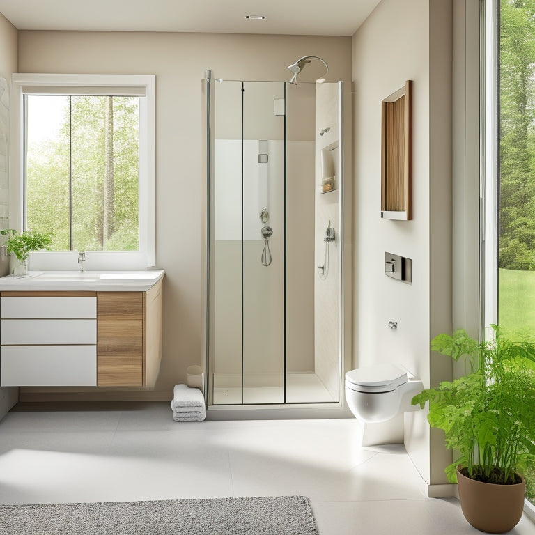 A serene, minimalist bathroom with a wall-mounted sink, a compact toilet, and a spacious walk-in shower, featuring a sliding glass door, and a recessed shelf for storage, all in a calming, neutral color palette.