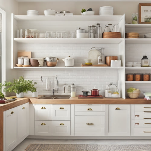 A modern kitchen with sleek, white cabinets and countertops, featuring a Shelfgenie glide-out shelf system in warm wood tones, filled with perfectly organized cookbooks and kitchen utensils.