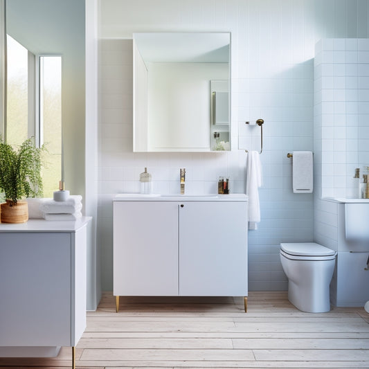 A minimalist white bathroom with three different small wall-mounted cabinets, each with a unique shape and design, showcasing varying storage capacities and styles to maximize space.