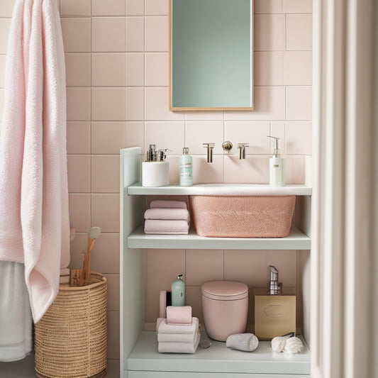 A cozy, minimalist bathroom featuring narrow shelves filled with neatly organized toiletries, a slim rolling cart beside a compact sink, and decorative baskets under a small vanity, all in soothing pastel colors.