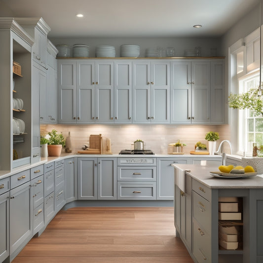 A serene, well-lit kitchen with light-gray cabinets, adorned with easy-to-grasp, ergonomic handles, and adjustable, soft-close drawers, showcasing a senior-friendly organizational system with clear storage bins and labeled dividers.