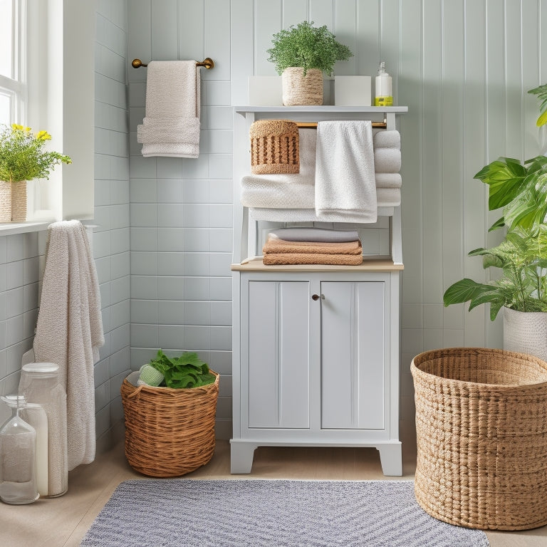 A tidy bathroom with a freestanding cabinet against a light-gray wall, adorned with woven baskets and decorated with potted greenery, surrounded by rolled towels and a few decorative bottles.