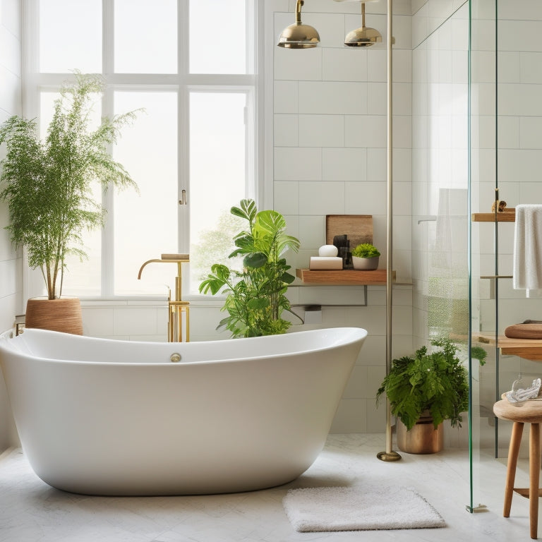 A minimalist bathroom with a floor-to-ceiling glass shower, white marble walls, and a freestanding tub, featuring a floating wooden shelf with rolled towels, potted greenery, and a few decorative vases.