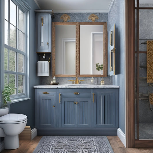 A modern bathroom with a sleek, wall-mounted sink, featuring three different over-the-sink cabinet options: a recessed medicine cabinet with mirrored doors, a wooden cabinet with ornate carvings, and a minimalist glass-door cabinet.