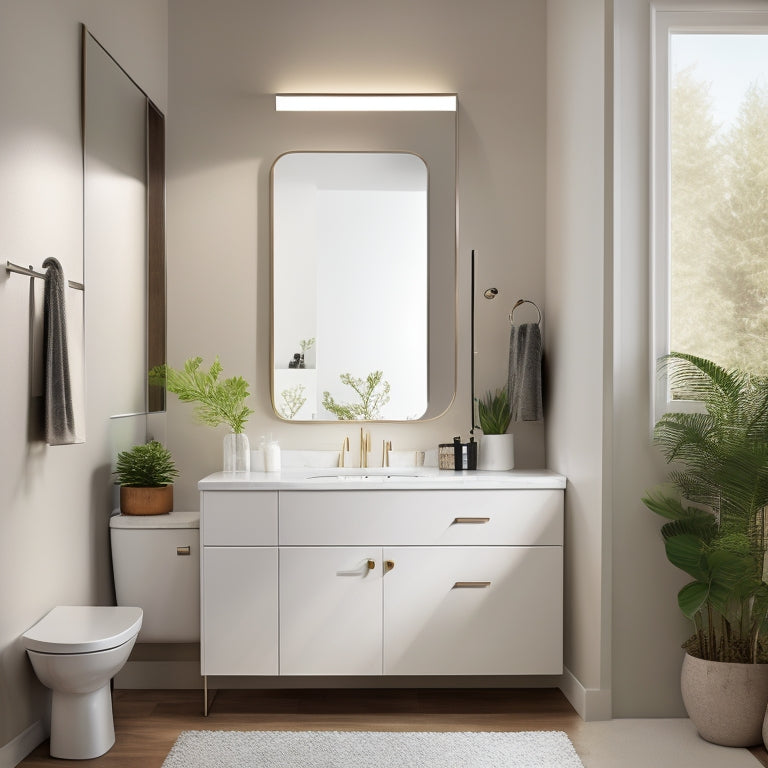 A modern bathroom featuring sleek wall-mounted vanity cabinets with minimalist design, soft ambient lighting, and elegant decor. Include stylish mirrors, decorative plants, and organized toiletries, showcasing a clean, space-efficient aesthetic.