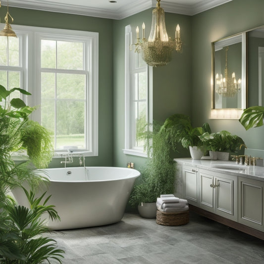 A serene, well-lit bathroom with sleek, modern fixtures, a freestanding tub, and a stunning chandelier, surrounded by lush greenery and a subtle, calming color palette.