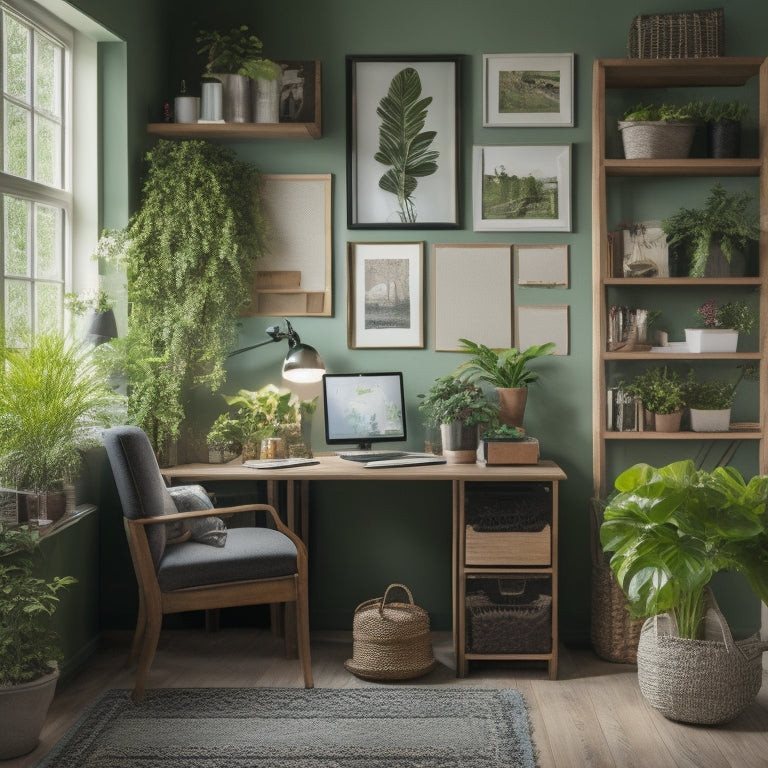 A serene, well-lit home office with a tidy desk, a corkboard with color-coded notes, and a shelf with neatly labeled storage bins, surrounded by lush green plants and a few framed family photos.