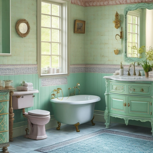 A serene, pastel-hued vintage bathroom with a freestanding tub, ornate mirror, and decorative tiles, featuring clever storage solutions, such as woven baskets and repurposed antique furniture.