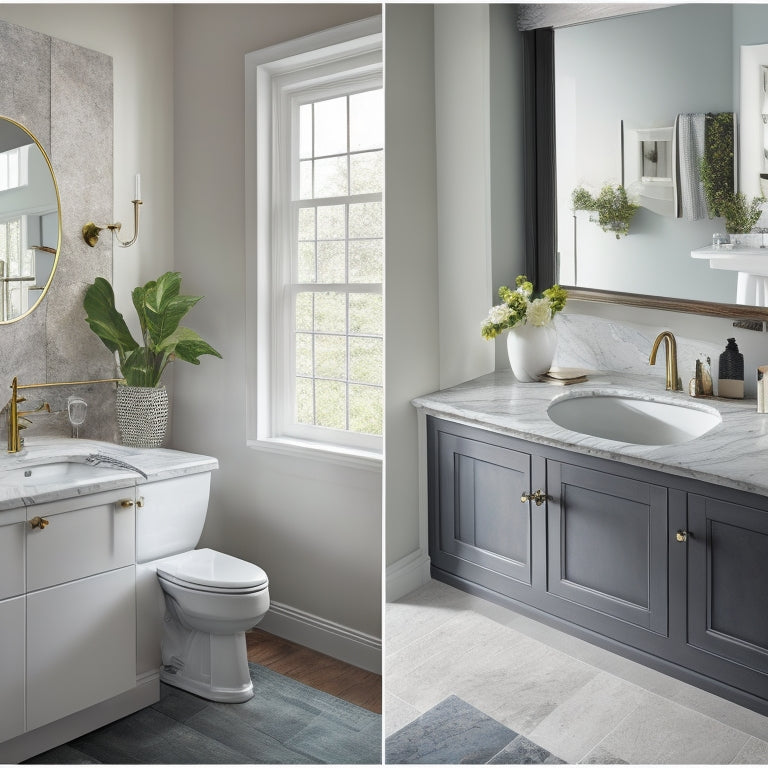 A split-screen image featuring a modern bathroom with a sleek, wall-mounted sink paired with a quartz countertop on one side, and a traditional bathroom with a porcelain sink and marble countertop on the other.