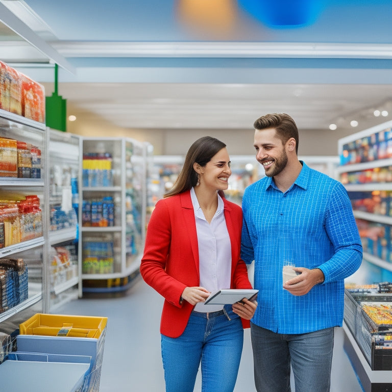 A bright, modern electric store interior with a friendly sales associate, smiling and holding a tablet, standing in front of a well-organized shelf of electronics, surrounded by happy customers.