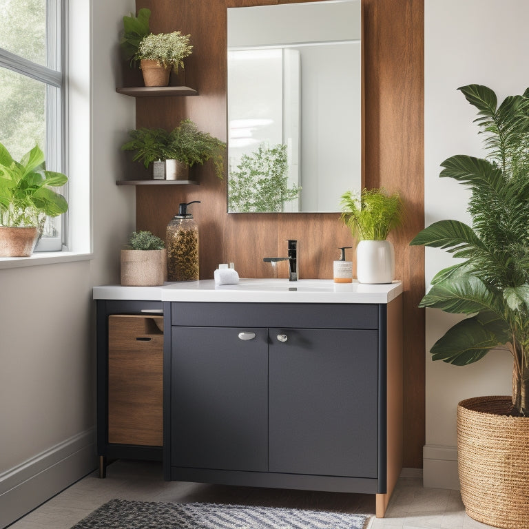 A sleek, modern bathroom vanity with a cabinet featuring soft-close drawers, a pull-out trash can, and a built-in charging station, surrounded by a clutter-free countertop and a few decorative plants.