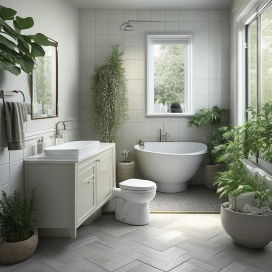 A serene, well-lit bathroom with a freestanding tub, wall-mounted sink, and toilet, surrounded by sleek, cream-colored tiles, and a large, frameless mirror reflecting a lush green plant.