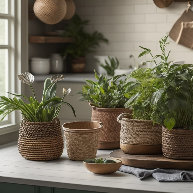 A serene kitchen countertop featuring 5-7 woven baskets in varying sizes and natural hues, arranged artfully, with a few strategically placed kitchen utensils and a small potted plant.