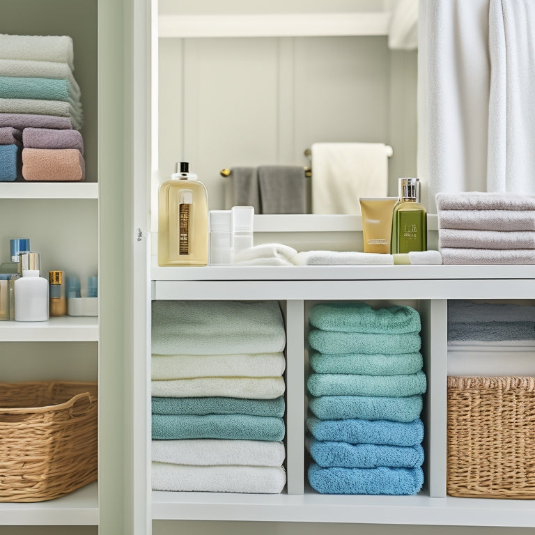 A tidy bathroom shelf with 3-5 storage boxes in various sizes, each filled with rolled towels, toiletries, and beauty products, arranged artfully to showcase maximized space and organization.