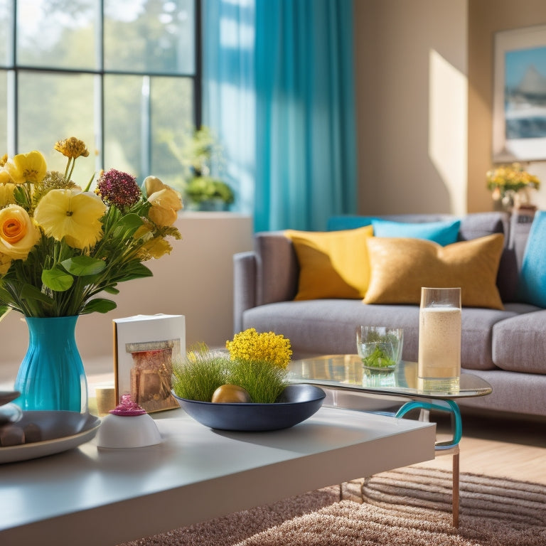 A bright and modern living room with a "for sale" sign on the lawn outside, clutter-free shelves, and a vase with fresh flowers on a polished coffee table.