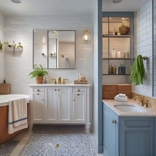 A tidy, well-lit bathroom with a wall featuring three installed in-wall cabinets of varying sizes, surrounded by decorative tiles and a few strategically placed bathroom essentials.