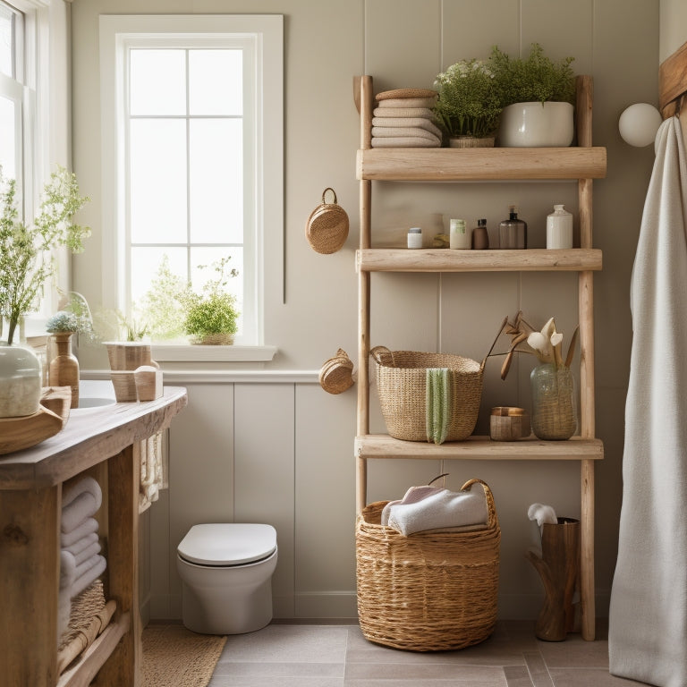 A tidy bathroom with a repurposed wooden ladder turned shelving unit, woven baskets, and a few decorative glass jars, surrounded by soft, natural light and a calming color palette.