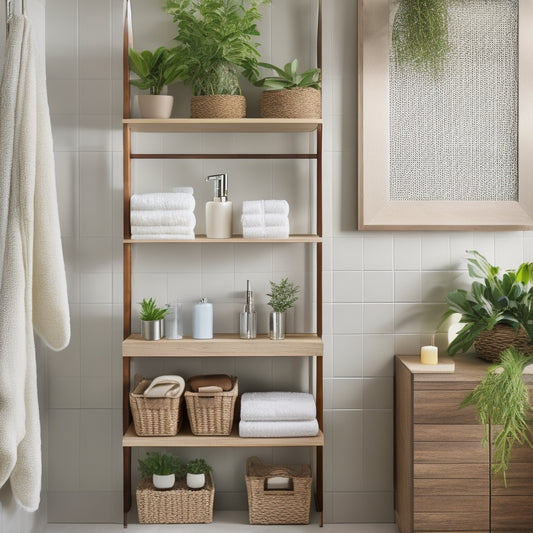 A sleek, modern bathroom with a mix of open shelves, woven baskets, and hanging organizers, showcasing creative storage solutions amidst a calming, spa-like atmosphere with soft lighting and lush greenery.