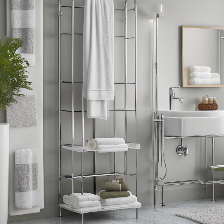 A modern, sleek bathroom with a wall-mounted ladder shelf in a polished chrome finish, holding rolled towels, baskets, and decorative items, against a calming gray and white marble background.