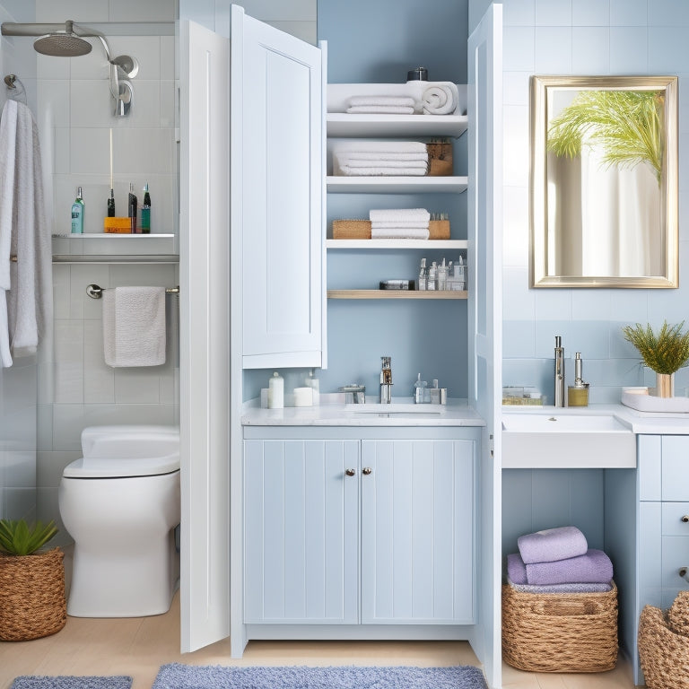 A bright, modern bathroom with a corner cabinet, its door open to reveal a tidy, organized interior with baskets, shelves, and hooks holding toiletries, towels, and beauty products in a visually appealing way.