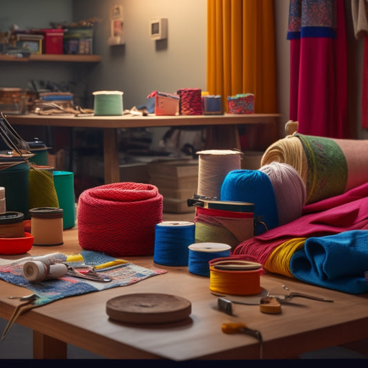 A serene, well-lit workshop scene featuring a variety of colorful, neatly folded fabrics, scissors, threads, and half-crafted fabric bins in different shapes and sizes on a wooden worktable.