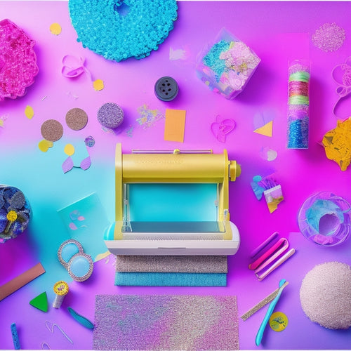 A vibrant, colorful background with confetti and glitter, featuring a Cricut machine at the center, surrounded by various craft supplies, papers, and materials, with scissors, glue, and other tools scattered around.