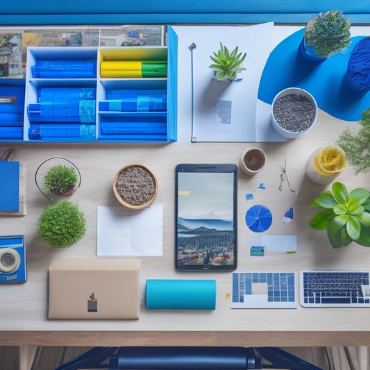 A colorful, clutter-free desk with a laptop, a small potted plant, and a few scattered DIY craft supplies, surrounded by rolled-up blueprints and sketches, with a subtle background of wooden planks.