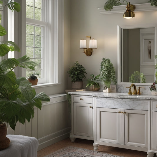 A serene, well-lit bathroom featuring a stunning Shaker-style cherry vanity with rounded edges, ornate hardware, and a Carrara marble countertop, surrounded by lush greenery and soft, creamy walls.