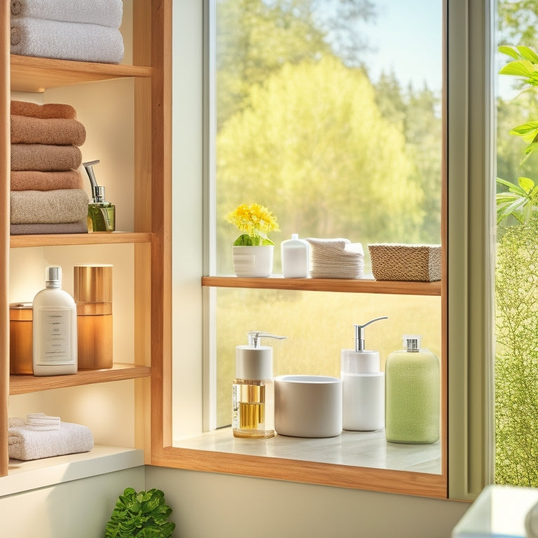 A serene bathroom scene showcasing sleek, modular storage solutions: clear acrylic bins, bamboo shelves, and neatly organized toiletries. Soft natural light filters through a frosted window, highlighting simplicity and cleanliness.