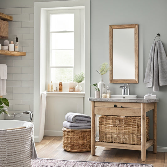 A serene bathroom scene with a wall-mounted ladder shelf above a freestanding tub, woven baskets under a floating vanity, and a repurposed mason jar storing small toiletries on a polished countertop.