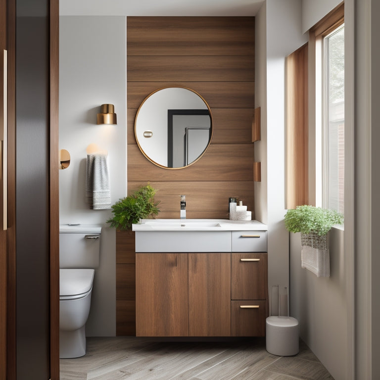 A sleek, modern bathroom with a compact, corner freestanding cabinet in a warm wood tone, featuring rounded edges and a mirrored door, nestled between a wall-mounted sink and a toilet.