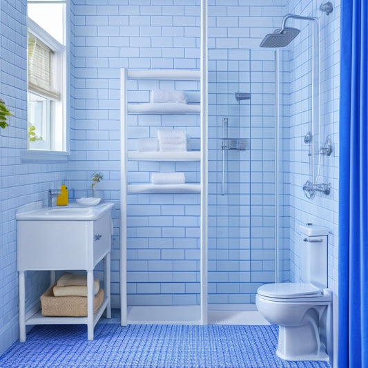 A minimalist bathroom with a small pedestal sink, a toilet, and a shower curtain, featuring a compact shelving unit with stacked baskets and a few rolled towels, surrounded by calming blue and white tiles.