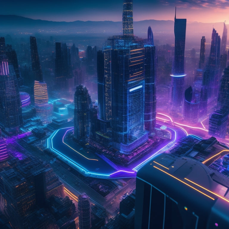 A futuristic, neon-lit cityscape at dusk with sleek skyscrapers and holographic interfaces; a giant, glowing gear or cogwheel dominates the center, surrounded by orbiting code fragments and circuit boards.