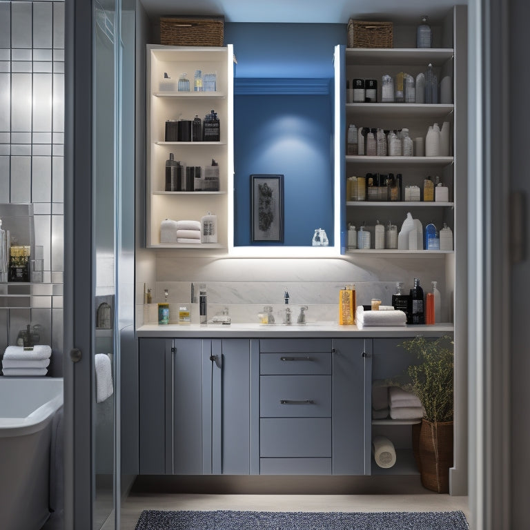 A well-lit, modern bathroom with a mirrored medicine cabinet, its door open to reveal a tidy interior with baskets, bins, and dividers organizing various toiletries and personal care items in a visually appealing way.