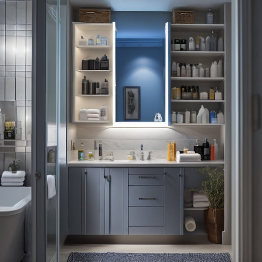 A well-lit, modern bathroom with a mirrored medicine cabinet, its door open to reveal a tidy interior with baskets, bins, and dividers organizing various toiletries and personal care items in a visually appealing way.