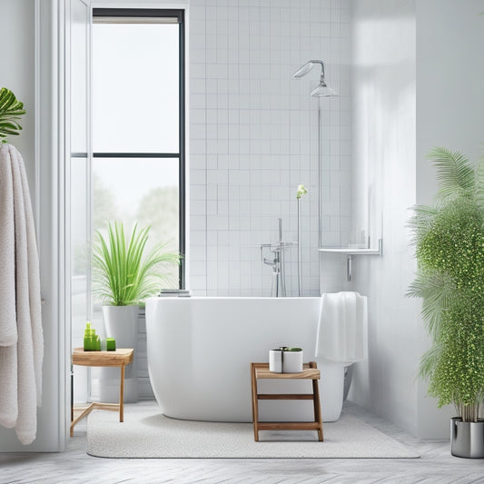 A minimalist bathroom with a freestanding tub, featuring a ladder shelf with three rungs in a polished chrome finish, holding a potted orchid, toilet paper, and rolled towels.