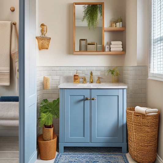 A serene, well-lit apartment bathroom with a mix of storage solutions: a wall-mounted cabinet, a pedestal sink with a shelf, a woven basket under the sink, and a recessed medicine cabinet.